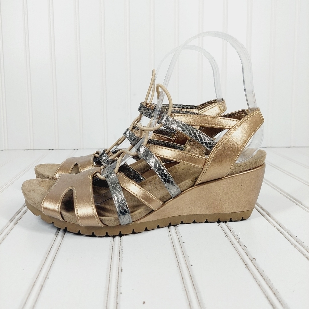 Life Stride Gold and Silver Wedge Sandals